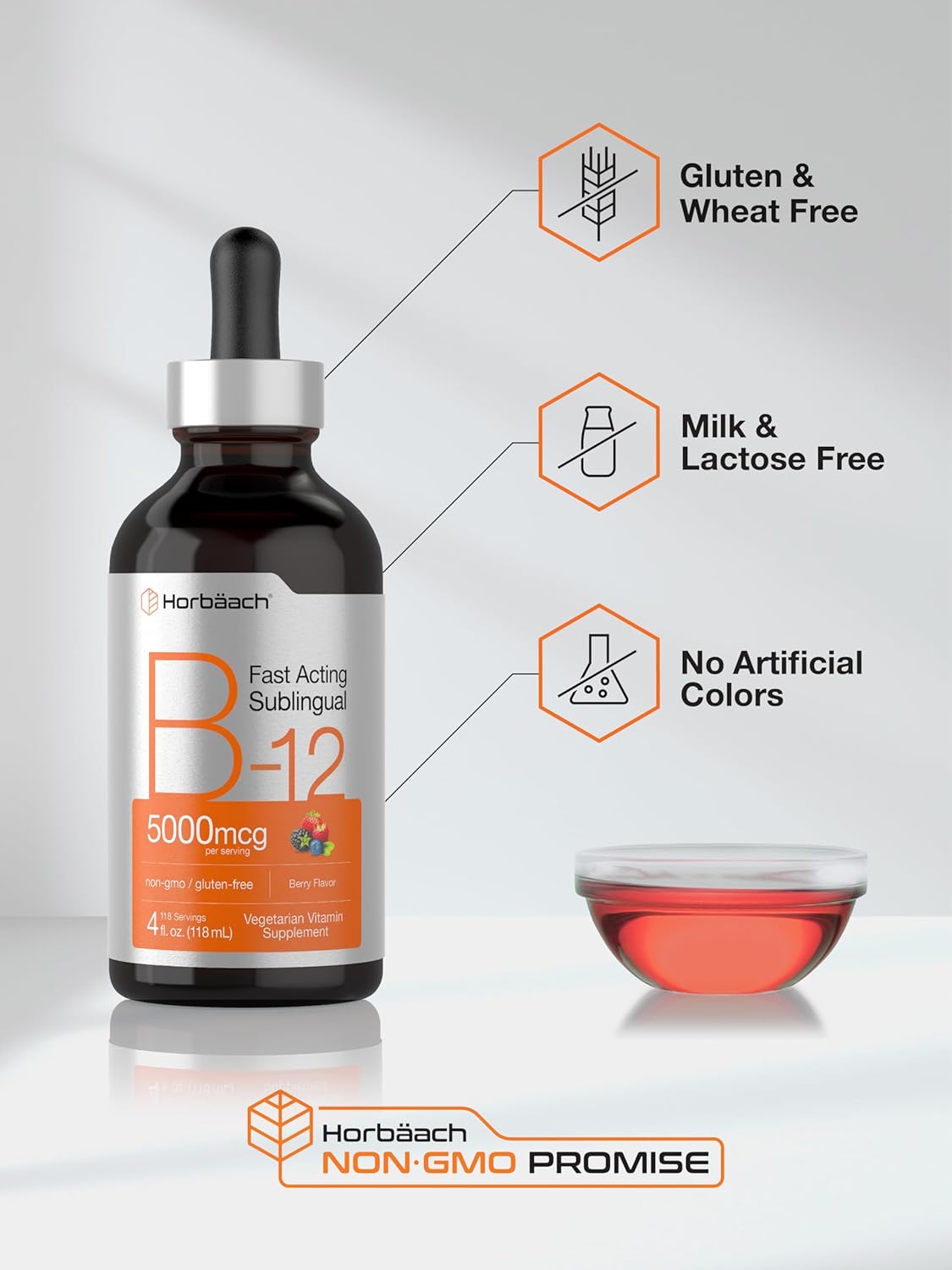 Horbaach B-12 | 5000mcg | 4oz | Berry Flavor Fast-Acting Sublingual Liquid Vitamin B12 | Vegetarian, Non-GMO & Gluten Free Formula : Health & Household