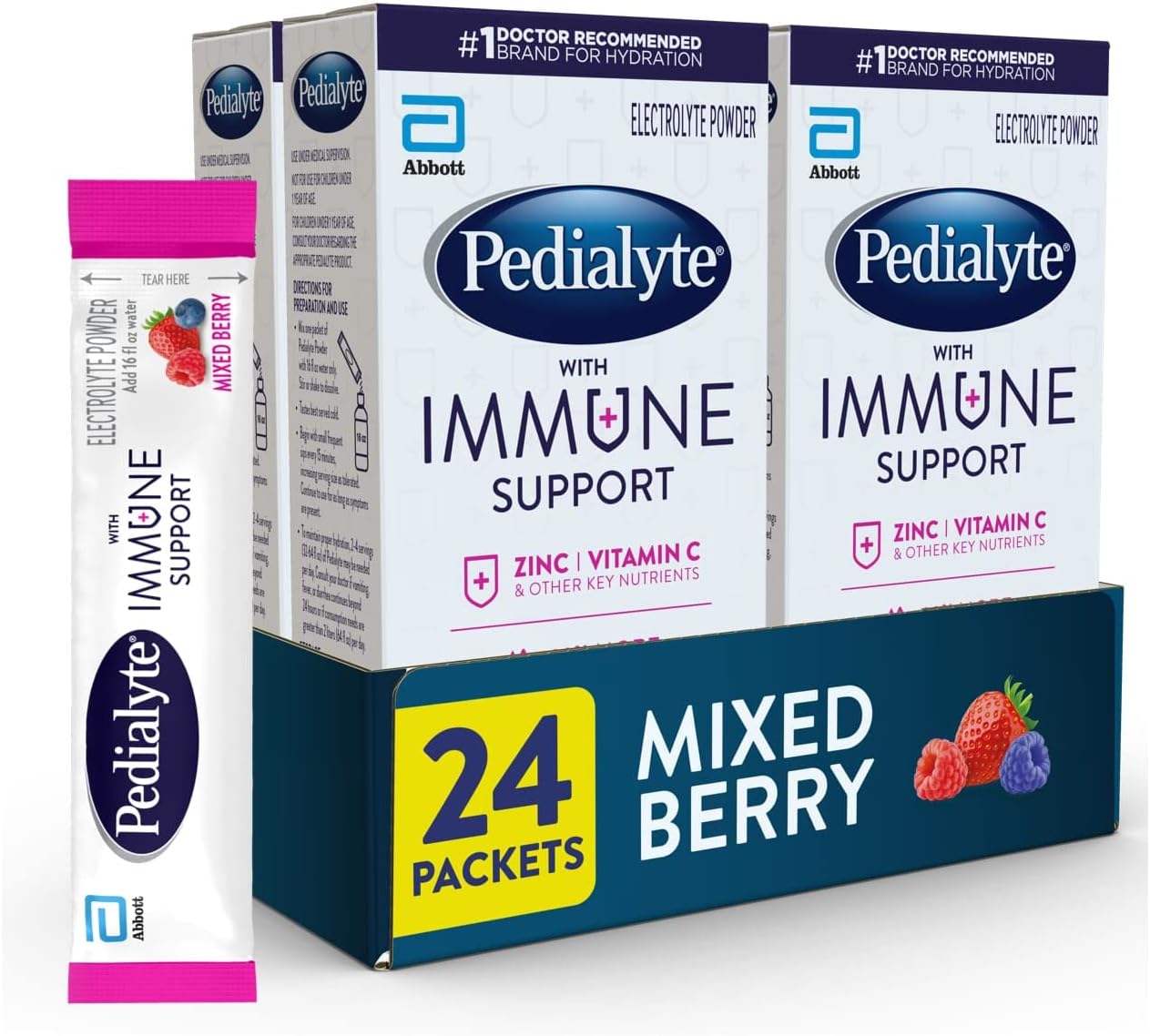 Pedialyte With Immune Support, Electrolytes With Vitamin C And Zinc, Advanced Hydration With Preactiv Prebiotics, Mixed Berry, Electrolyte Drink Powder Packets, 6 Count (Pack Of 4)