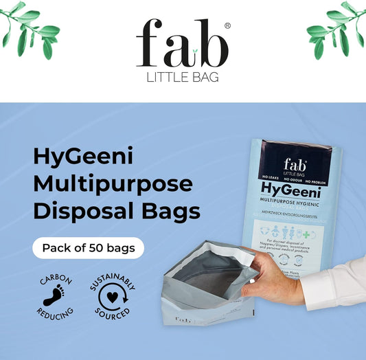 Fab Little Bag HyGeeni Nappy Disposal Bags, 50 Pack - Multipurpose Sanitary Bags for Nappies, Adult Nappies, Incontinence, Medical Waste, Ostomy Bag - No Mess, No Odour - Eco-Friendly