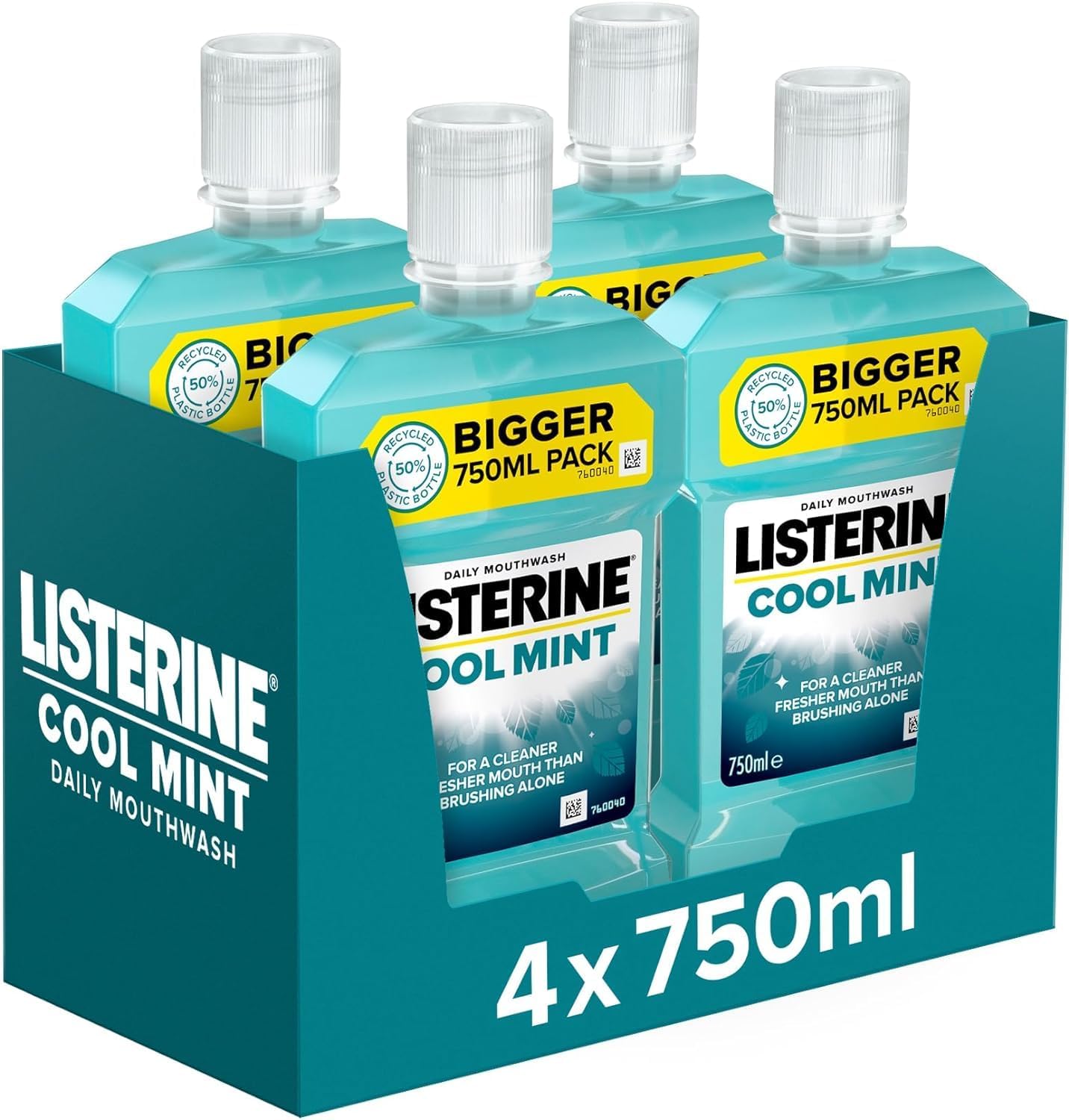 Listerine Cool Mint Mouthwash Pack Of 4 (4 X 750Ml), Helps Kill Up To 99% Of Germs Left After Brushing And Reduce Plaque, Mouthwash To Freshen Breath And Maintain Healthy Gums