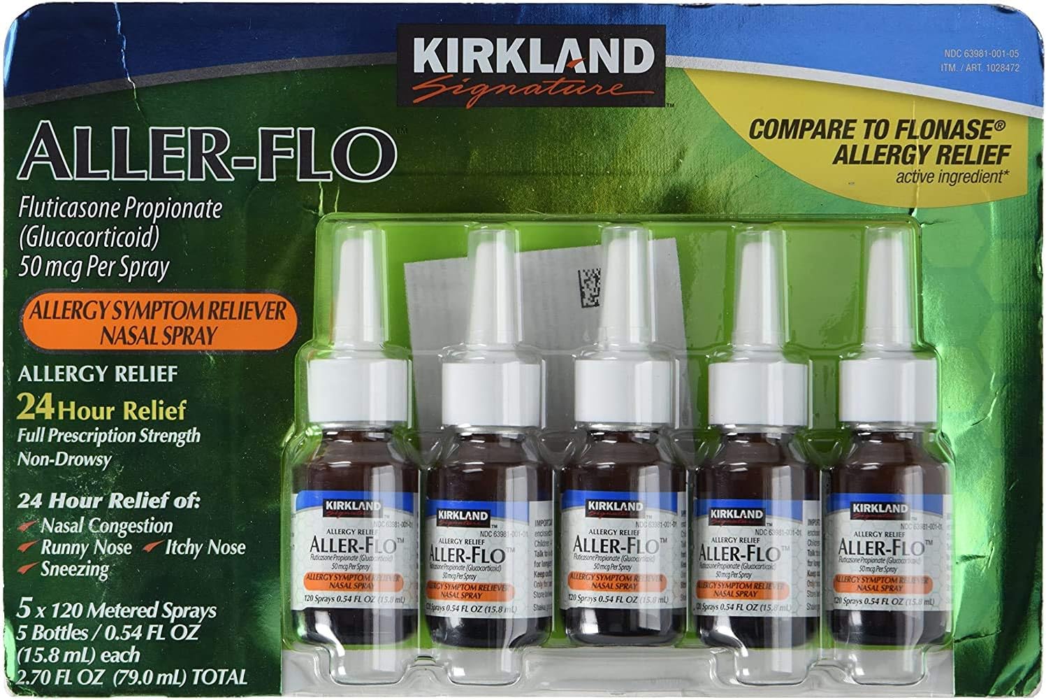 KIRKLAND SIGNATURE Aller-o uticasone Propionate (Glucorticoid) 5 Bottles x 120 Metered Sprays .54   per Bottle (15.84 mL x 5) 2. Total (79.0 mL Total) 600 Total Sprays Total, 1-Pack