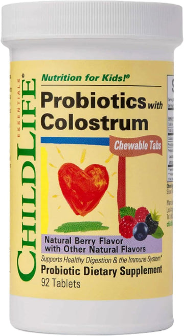 Childlife Essentials Childbiotics With Colostrum- Probiotics For Kids, Probiotics For Digestive Health, Chewables, Children'S Probiotic, Colostrum For Kids, Gluten Free - Natural Berry, 92 Tablets