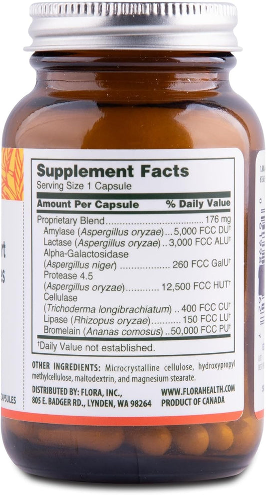 Flora - Immediate Support Digestive Enzymes - Supports Lactose Digestion, Bloating, Heartburn & Gas - Contains 7 Enzymes - Gluten-Free - 60 Vegetarian Capsules