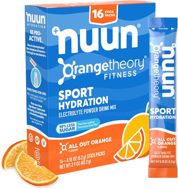 Nuun Sport Electrolyte Powder Packets - All Out Orange | 5 Essential Electrolytes For Hydration | Exclusive Orangetheory Fitness Flavor | 1G Sugar | Non Gmo, Vegan | 16 Single Serving Sticks