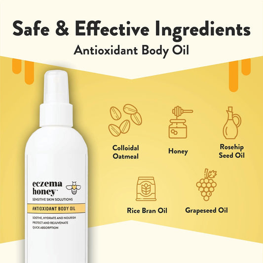 Eczema Honey Antioxidant Body Oil - After Shower All Over Body Oil Spray For Skin - Eczema-Prone & Sensitive Moisturizing Skin Oil - Unscented Body Oils For Women, Men & Kids (8 Fl Oz)