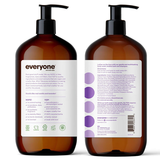 Everyone 3-in-1 Soap, Body Wash, Bubble Bath, Shampoo, 32 Ounce (Pack of 2), Vanilla and Lavender, Coconut Cleanser with Plant Extracts and Pure Essential Oils