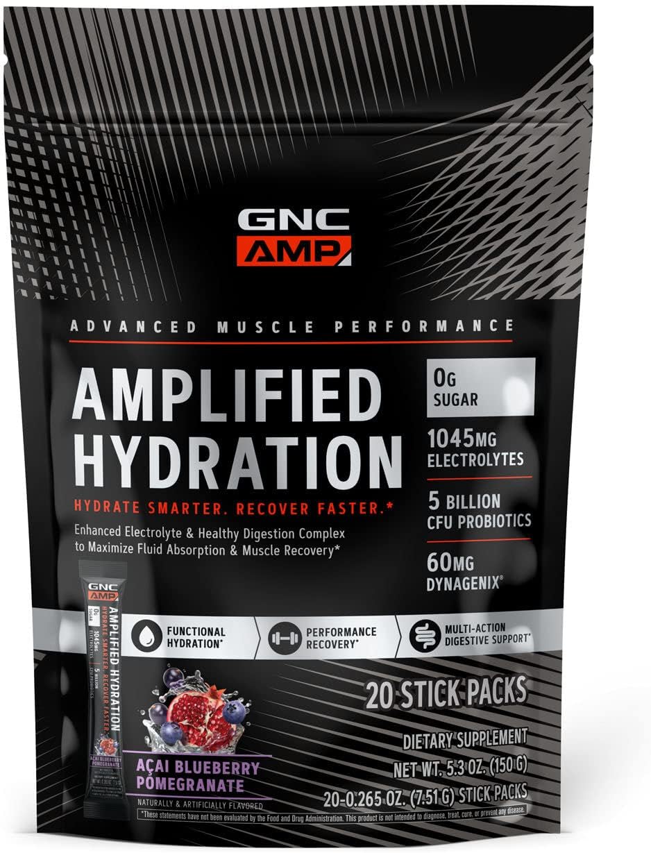 Gnc Amp Amplified Hydration | Enhanced Electrolyte & Healthy Digestion Complex | Acai Blueberry Pomegranate | 20 Count