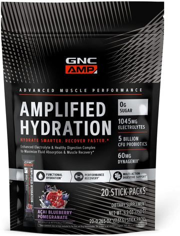 Gnc Amp Amplified Hydration | Enhanced Electrolyte & Healthy Digestion Complex | Acai Blueberry Pomegranate | 20 Count