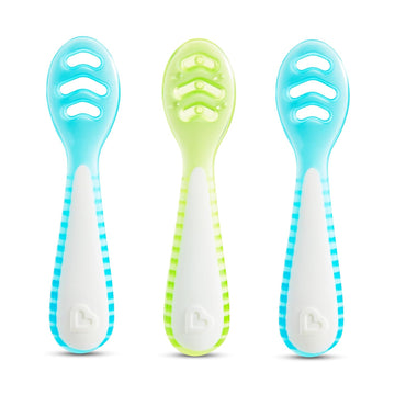 Munchkin® Gentle Dip™ Multistage First Spoon Set For Baby Led Weaning, Self Feeding, Solids & Purees, 3 Pack, Blue/Green