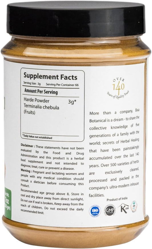 Bixa Botanical Haritaki Powder | Terminalia Chebula | 200 Grams / 7 Oz | Ayurvedic Herbal Supplement | Gluten Free, Non-Gmo, Steam Treated, Vegan, 100% Pure