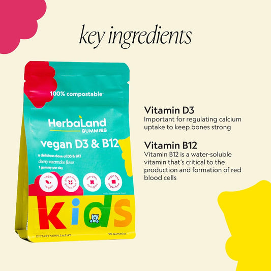 Herbaland Kids Vegan D3 & B12 for Kids Gummies, Contains Vitamin B12, Vitamin D, Chewable, Sugar-Free & Gluten-Free - Cherry Watermelon Flavor, 90 Count, Compostable Pouch
