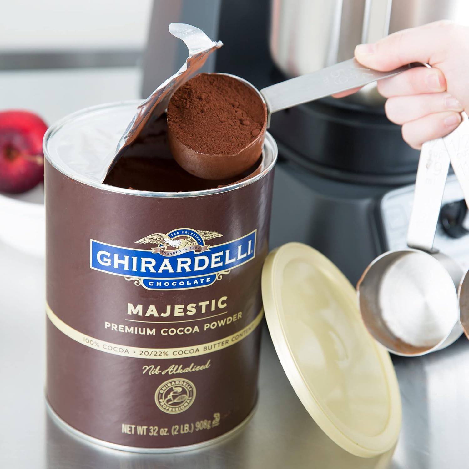 Ghirardelli Majestic Premium Cocoa Powder, 32 Ounce Can (Pack of 2) with Ghirardelli Stamped Barista Spoon