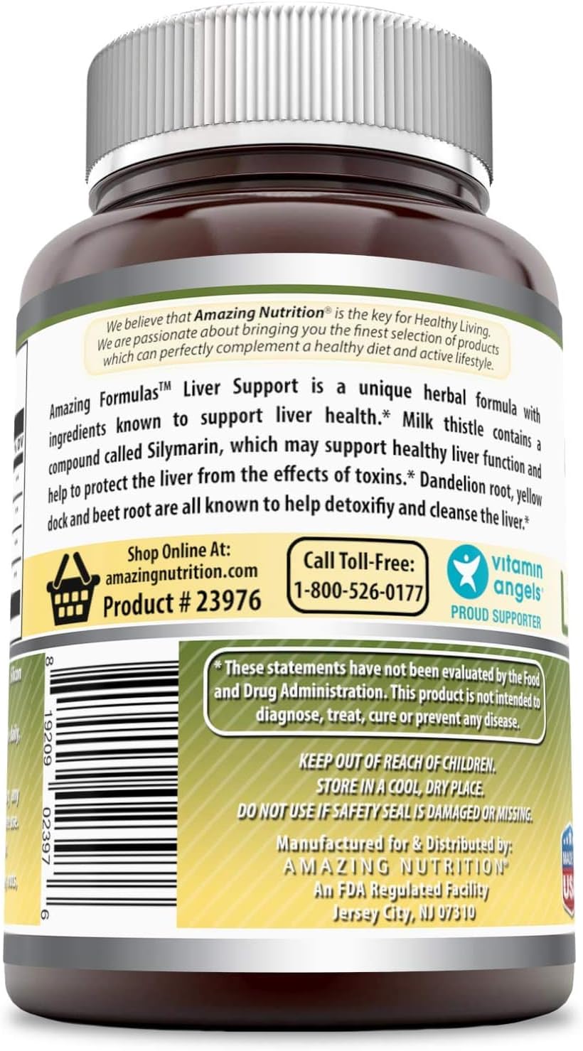 Amazing Formulas Liver Support 120 Capsules Supplement | Natural Herbal Formula | Contains Milk Thistle, Dandelion Root, Yellow Dock Root & Beet Root