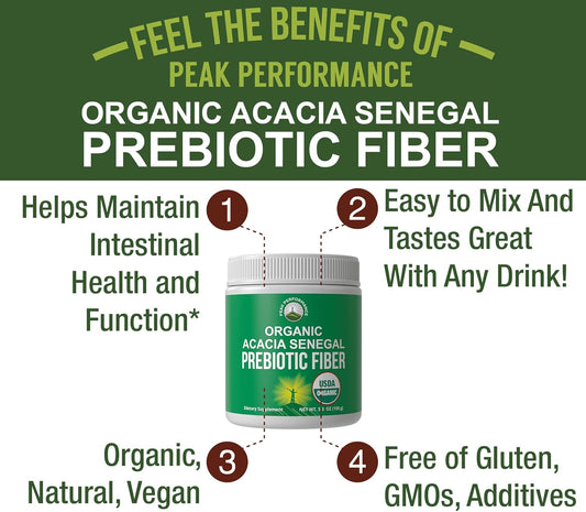 Organic Acacia Senegal Prebiotic Fiber Powder. Unflavored Usda Organic Plant Based Soluble Vegan Prebiotics Gut Health Supplement With Digestive Enzymes. Hsa + Fsa Eligible Vitamins Only List Approved