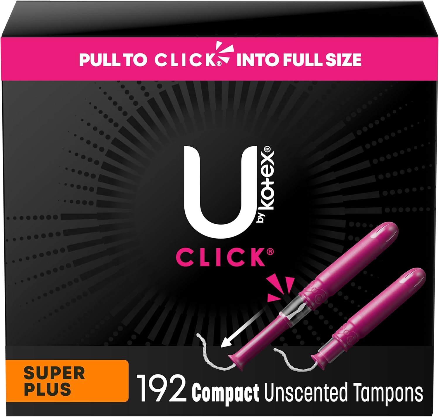 U By Kotex Click Compact Tampons, Super Plus Absorbency, Unscented, 192 Count (6 Packs Of 32) (Packaging May Vary)