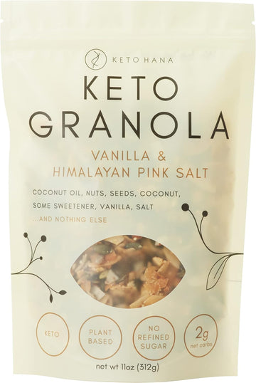 Keto Hana Keto Nut Granola (11Oz), Vanilla & Pink Himalayan Salt- Low Carb, Low Calorie, High Protein (2G Net Carbs)