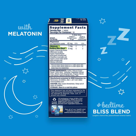 Mommy'S Bliss Kids Sleep Chewable Tablets, Contains Melatonin, Magnesium & Calming Herbs, Natural Sleep Aid, Grape Flavor, Sugar Free, Age 3+ (35 Servings), 35 Count (Pack Of 1)