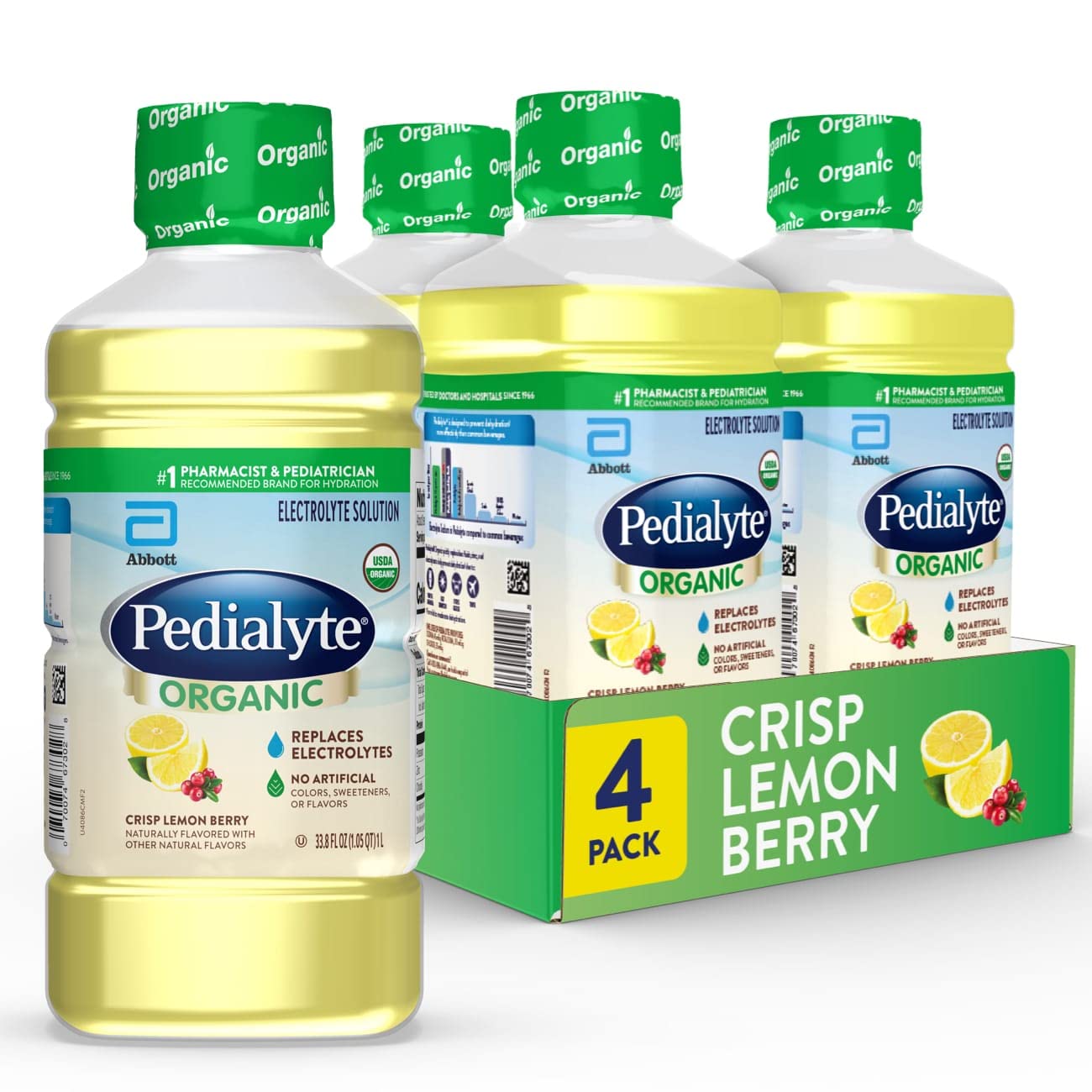 Pedialyte Organic Electrolyte Solution, Crisp Lemon Berry, 33.8 Fl. Oz (Pack Of 4)