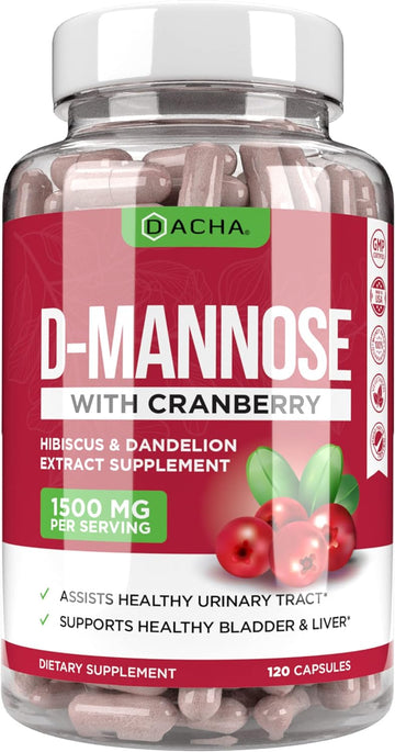 Natural D-Mannose Capsules 4-In-1 Formula - 120 Caps, 1500 Mg Cranberry, Dandelion, Hibiscus Flower Extract, Pills For Supporting Bladder And Urinary Tract Health