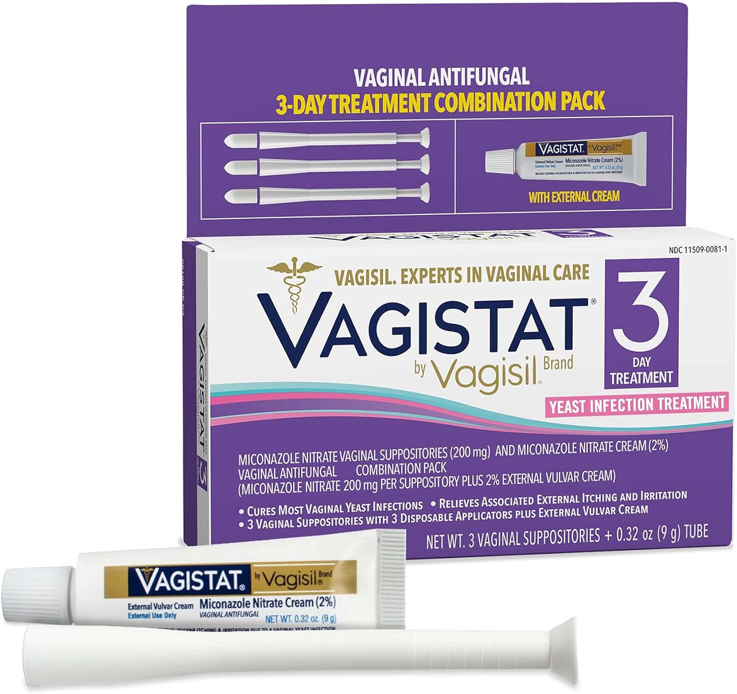 Vagistat 3 Day Yeast Infection Treatment for Women, Relieves External Itching and Irritation - 2% External Miconazole Nitrate Cream, 3 Disposable Suppositories & Applicators, by Vagisil (Pack of 1)