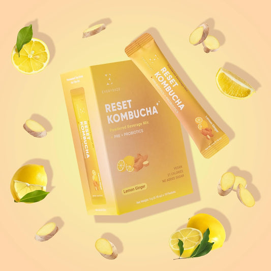 Everydaze Reset Kombucha Tea Powdered Beverage Mix | 10 Sticks | Prebiotics + Probiotics | Vegan | No Added Sugar, Gluten Free, Sparkling Powder Drink Pack (Lemon Ginger)