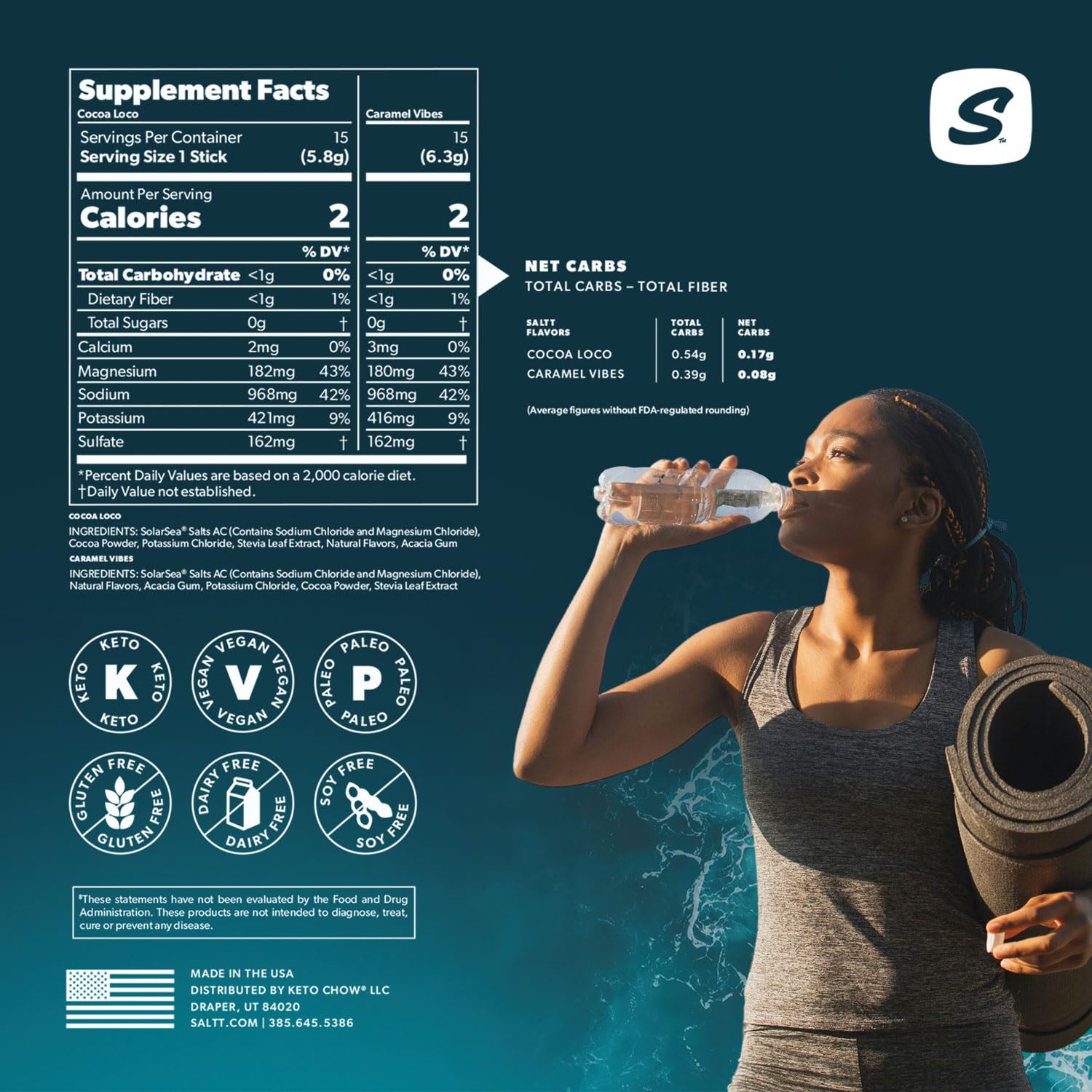 SALTT Electrolytes Powder Flavored Drink Mix - All Things Chocolate - 30 Hydration Packets - Magnesium, Potassium, Sodium, Trace Minerals - Zero Sugar & Gluten Free - Travel Essentials - By Keto Chow : Health & Household