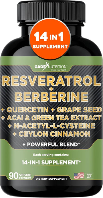 Gade Nutrition Resveratrol Berberine Quercetin Grape Seed Extract Green Tea Extract N-Acetyl Cysteine - 14 In 1 Complex Supplement For Women & Men With Potent Antioxidants - Made In Usa