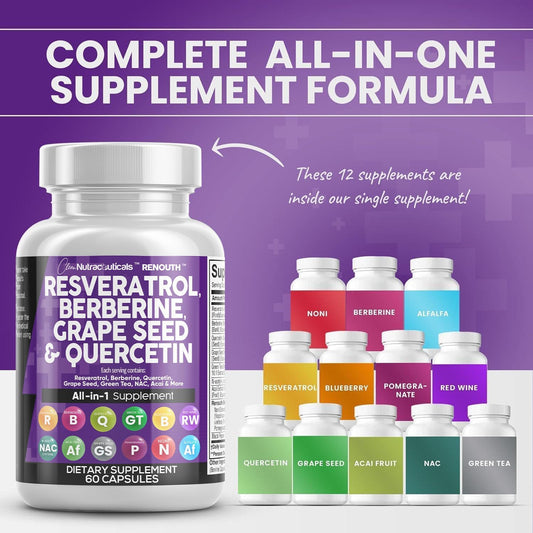 Resveratrol 6000Mg Berberine 3000Mg Grape Seed Extract 3000Mg Quercetin 4000Mg Green Tea Extract - Polyphenol Supplement For Women And Men With N-Acetyl Cysteine, Acai Extract - 60 Capsules