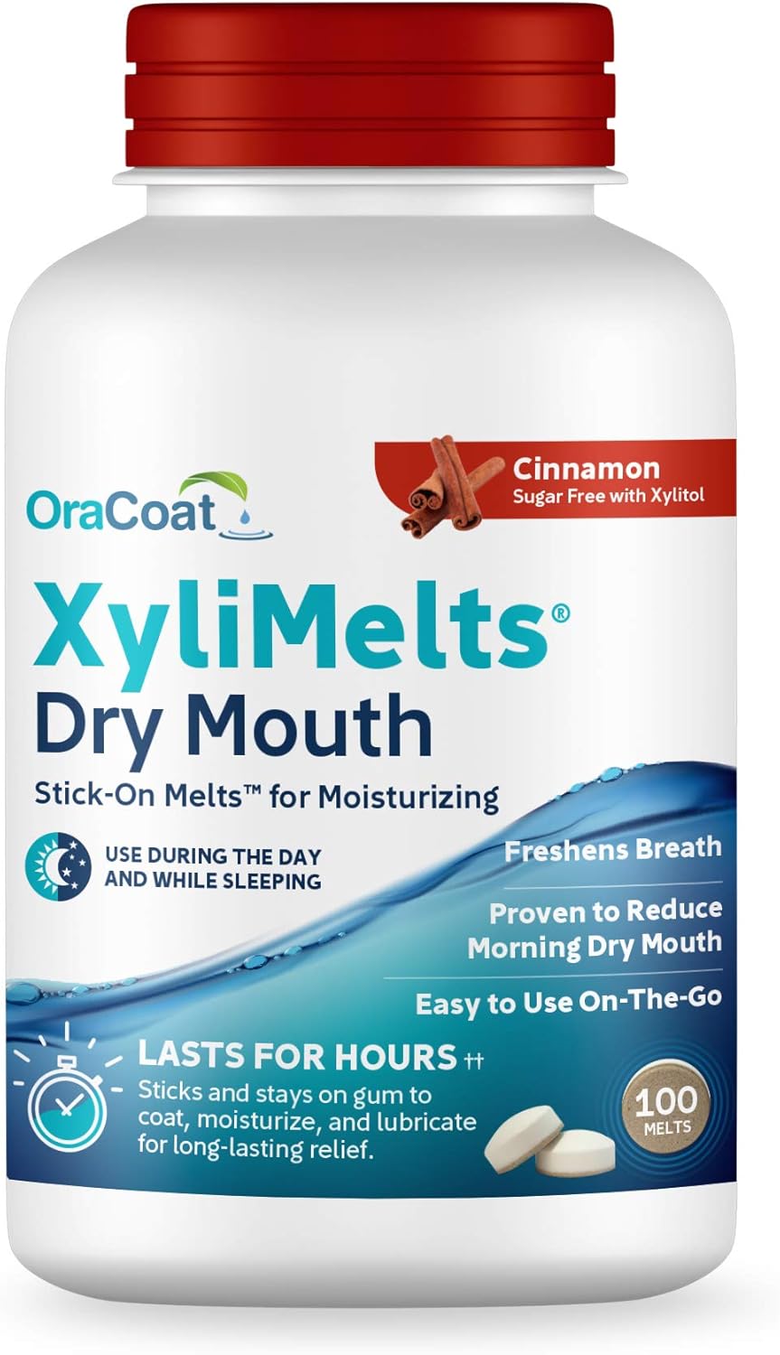 Oracoat Xylimelts Dry Mouth Relief Moisturizing Oral Adhering Discs With Xylitol, Cinnamon, For Dry Mouth, Stimulates Saliva, Non-Acidic, Day And Night Use, Time Release For Up To 8 Hours, 100 Count