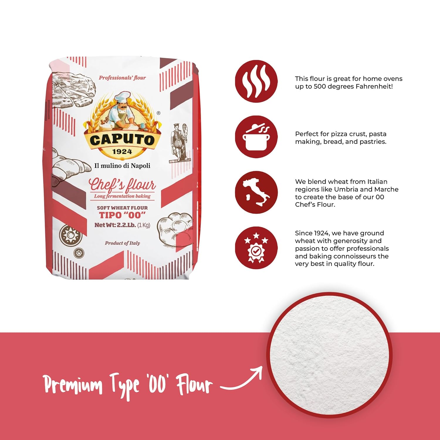 Antimo Caputo Chefs Flour 2.2 Pound (Pack Of 2) - Italian Double Zero 00 - Soft Wheat For Pizza Dough, Bread, & Pasta