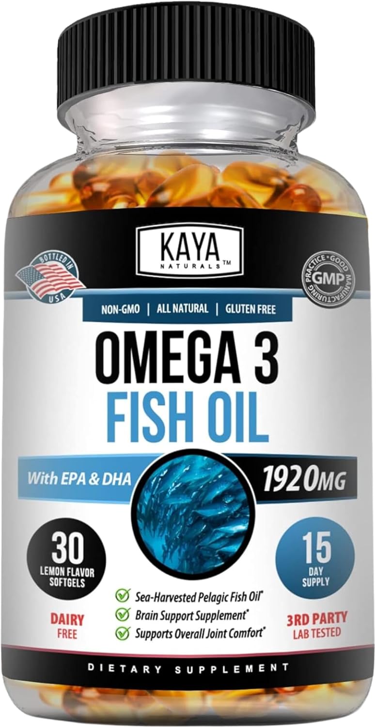 Kaya Naturals Omega 3 Supplement | Nature Made Omega 3 Fish Oil - 100% Pure Sea-Harvested Pelagic Fish Oil With No Fishy Aftertaste - Omega 3 Vitamins | Fish Oil - 30 Count Softgels