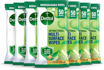 Dettol Antibacterial Multi Surface Cleaning Wipes, Crisp Pear, 50 Pack (7 X 50, Total 350 Wipes) Biodegradable, Plant-Based Active Ingredients, Household Disinfectant, Kills 99.9 Percent Of Germs
