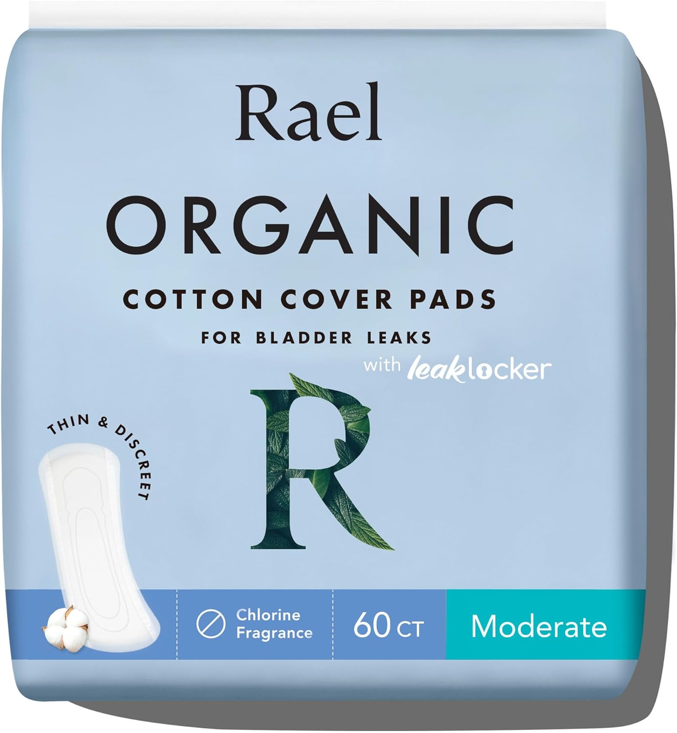 Rael Incontinence Pads for Women, Organic Cotton Cover - Postpartum Essential, Heavy Absorbency, Bladder Leak Control, 4 Layer Core with Leak Guard Technology, Long Length (Moderate, 60 Count)