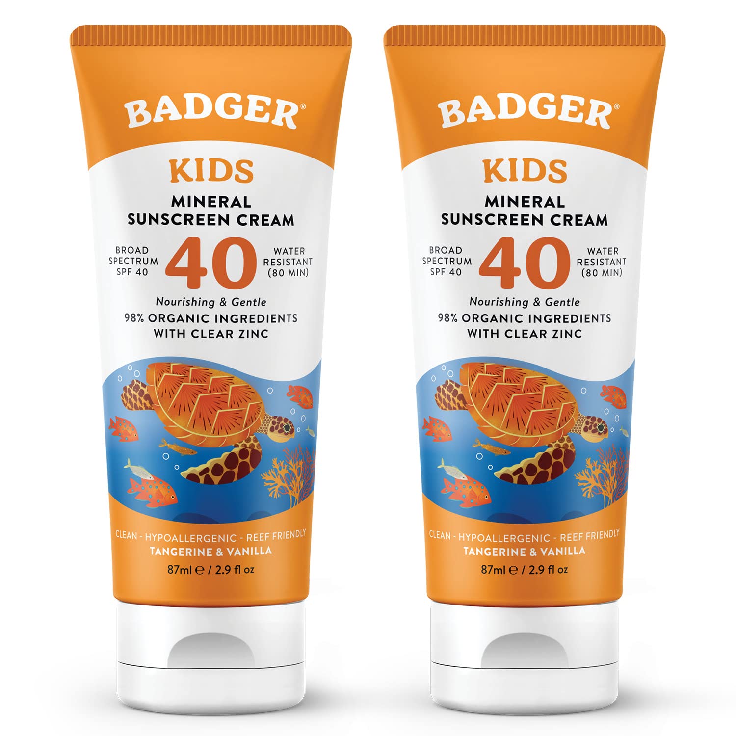 Badger Kids Sunscreen Cream Spf 40, Organic Mineral Sunscreen Kids Face & Body With Zinc Oxide, Reef Friendly, Broad Spectrum, Water Resistant, 2.9 Fl Oz (2 Pack)