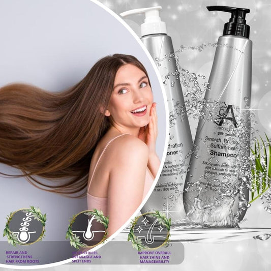 Silk Keratin Shampoo & Conditioner Set - Smooth Protection Sulfate-Free Shampoo & Smooth Hydration Conditioner (3.4 Oz), Gray