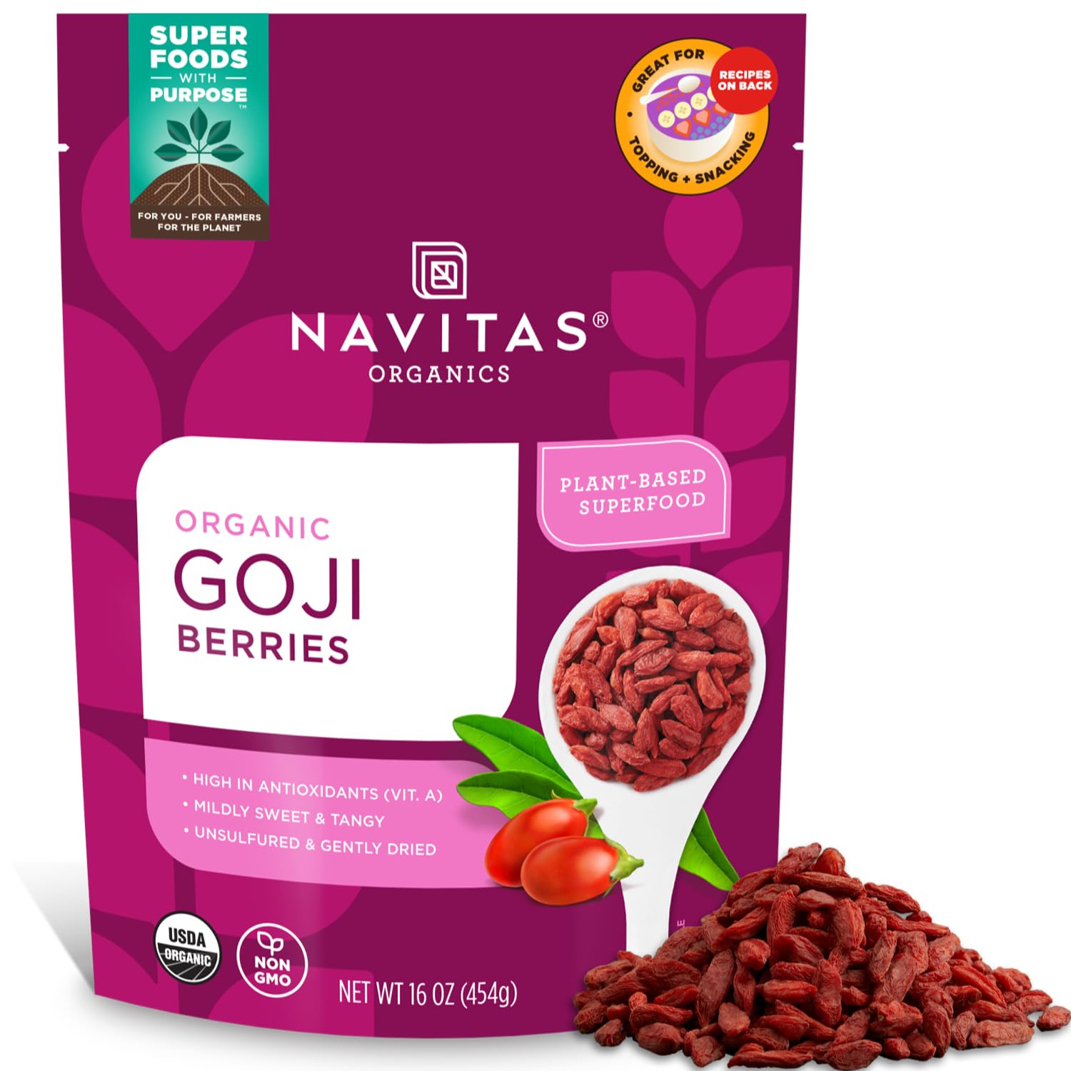 Navitas Organics Goji Berries, 16 Oz. Bag, 15 Servings — Organic, Non-Gmo, Sun-Dried, Sulfite-Free