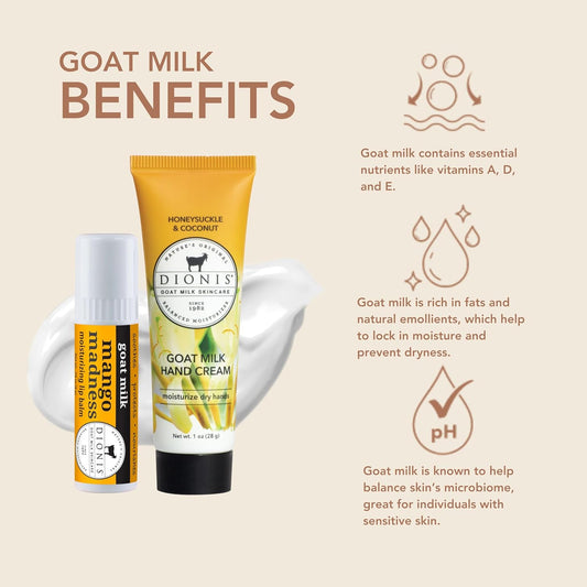 Dionis Goat Milk Skincare Hand Cream & Lip Balm Set - Safe For Sensitive Skin, Moisturize, Hydrate, Soothe Dry Chapped Lips And Skin, Cruelty Free, Ocean Mist And Cucumber Water, 1 Oz And .28 Oz
