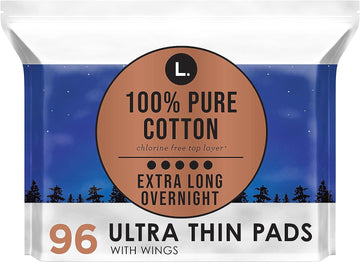 L. Pure Cotton Topsheet Pads for Women, Overnight Pads, Ultra Thin Pads with Wings, Unscented Menstrual Pads, 48 Count x 2 Packs (96 Count Total) (Packaging May Vary)