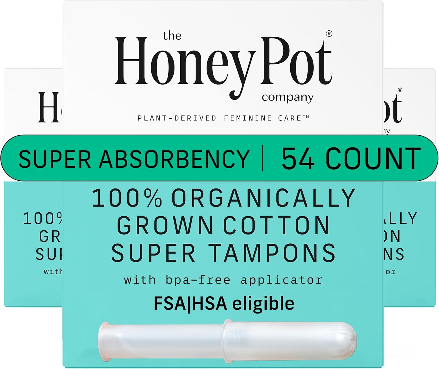 The Honey Pot Company - Super Absorbency - 100% Organic Cotton Core Tampons W/Bio Plastic Applicator - Feminine Care – Unscented - 18 Count