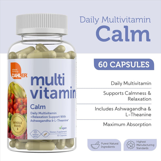 Zahler - Daily Multivitamin Calm Supplement With Ashwagandha And L-Theanine (60 Capsules) Certified Kosher Vegan Friendly Relaxation Support With Vitamin C D A E K2 B6 B12 Magnesium Iron Zinc