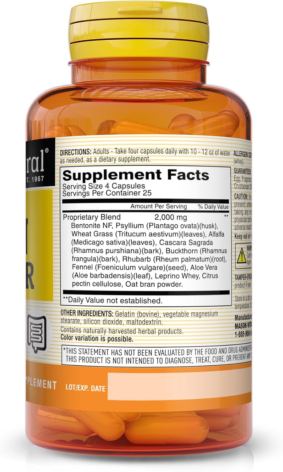 Mason Natural Herbal Colon Cleanser - Improved Digestive Health, Healthy Bowel Function & Detoxification, 100 Capsules