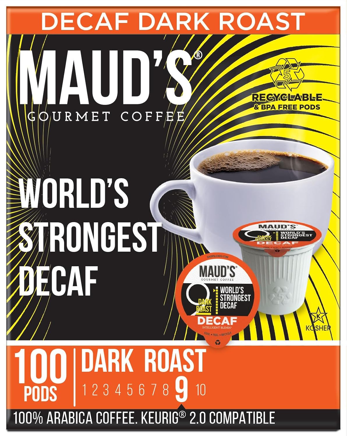 Maud'S World'S Strongest Decaf Coffee Pods, 100 Ct, Decaffeinated Dark Roast Coffee In Recyclable Single Serve Pods – 100% Arabica Coffee, Compatible With Keurig K Cups Maker