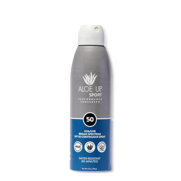 Aloe Up Sport Continuous Spray Sunscreen Spf 50 - Broad Spectrum Uva/Uvb Sunscreen Protector For Face And Body - With Aloe Vera Gel - Fast Absorbing Sheer Formula - Reef Safe - Fragrance-Free - 6 Oz