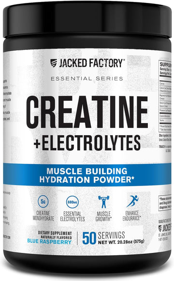 Jacked Factory Creatine + Electrolytes - Creatine Monohydrate With Taurine, Calcium, Sodium, & Potassium To Increase Muscle Growth, Strength, Hydration, & Endurance - 50 Servings, Blue Raspberry
