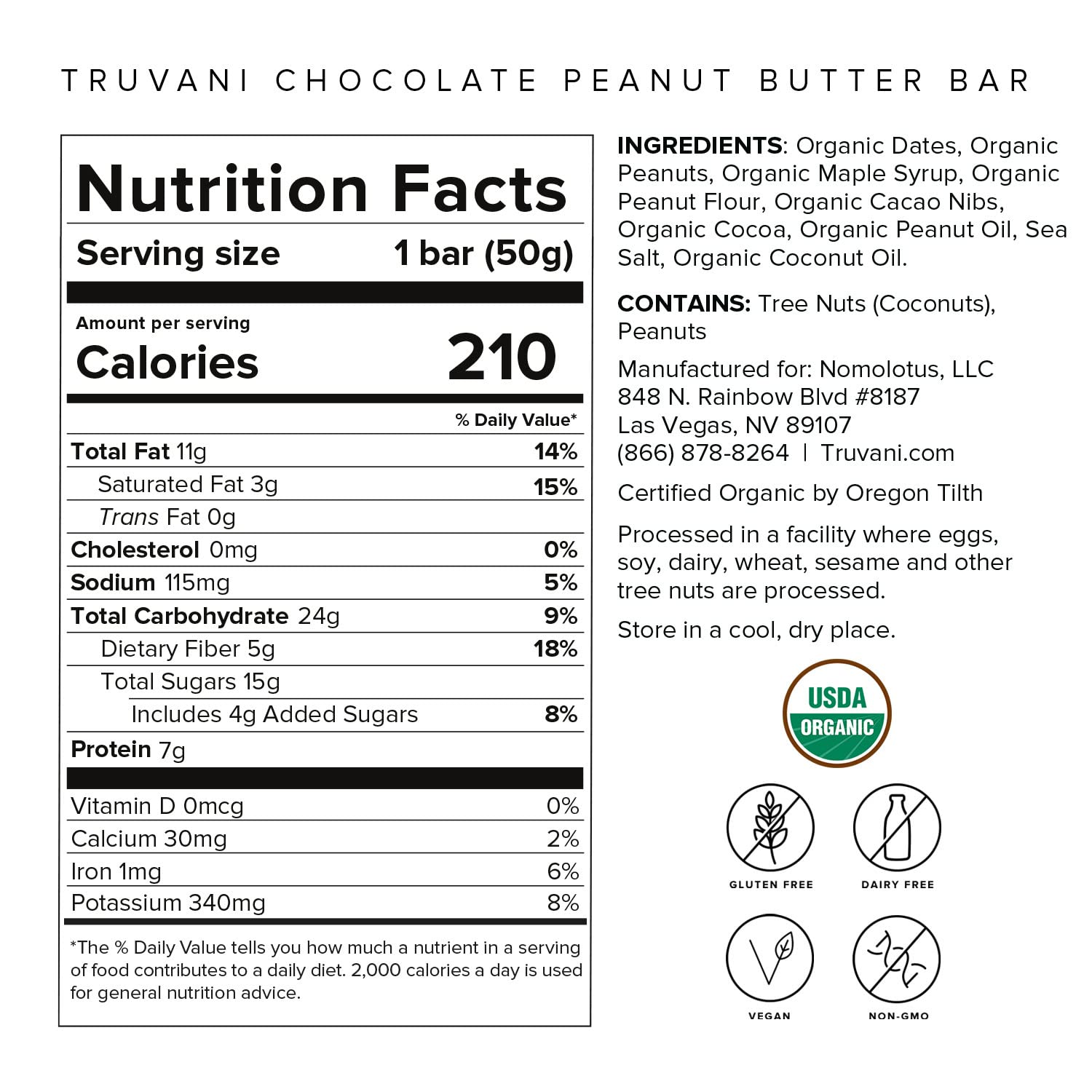 Truvani Plant Based Snack Bars | 7g Protein | 1 Pack Chocolate Peanut Butter | Organic | Vegan | The Only Bar | Dairy, Soy, and Gluten Free | Individually Wrapped : Health & Household