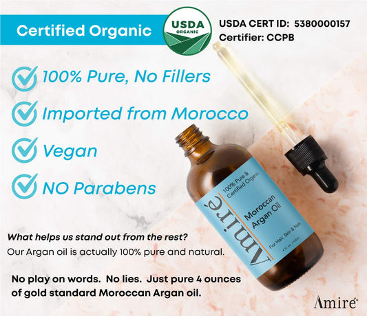 Usda Certified Organic Argan Oil 4Oz, Triple Extra Virgin Grade Moroccan Argan Oil For Hair Growth. Skin, Face, & Nails. Moisturizer. Scalp Treatment Hair Oil For Dry, Damaged, Brittle Hair