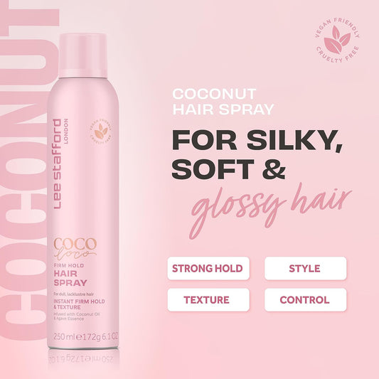 Lee Stafford Extra Hold Hairspray | Coco Loco Collection - Best Strong, Long Lasting Hold Styling Spray Finish, Fine Mist, No Frizz Brushable, Adds Shine, Big Volume, For Men & Women, 250 Ml