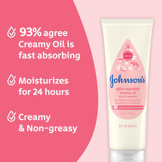 Johnson'S Skin Nourish Creamy Baby Oil For Dry Skin With Coconut & Honeysuckle Scent, Rich & Creamy Baby Body Oil Moisturizes For 24 Hours & Helps Prevent Dryness, Hypoallergenic, 8 Fl. Oz