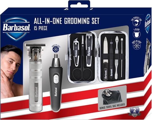 Barbasol Grooming Kit For Men, 15 Piece Men’S Grooming And Manicure Travel Set, Includes A T-Blade Trimmer, Nose & Ear Trimmer, 2 Nail Clippers, Cuticle Scissors, File, & More, Perfect For Travel