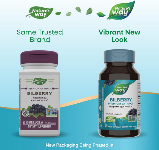 Nature's Way Bilberry Premium Extract, Supports Eye Health*, Eye Health Supplement for Adults with Black Elderberry*, Gluten Free, Vegan, 90 Capsules (Packaging May Vary)